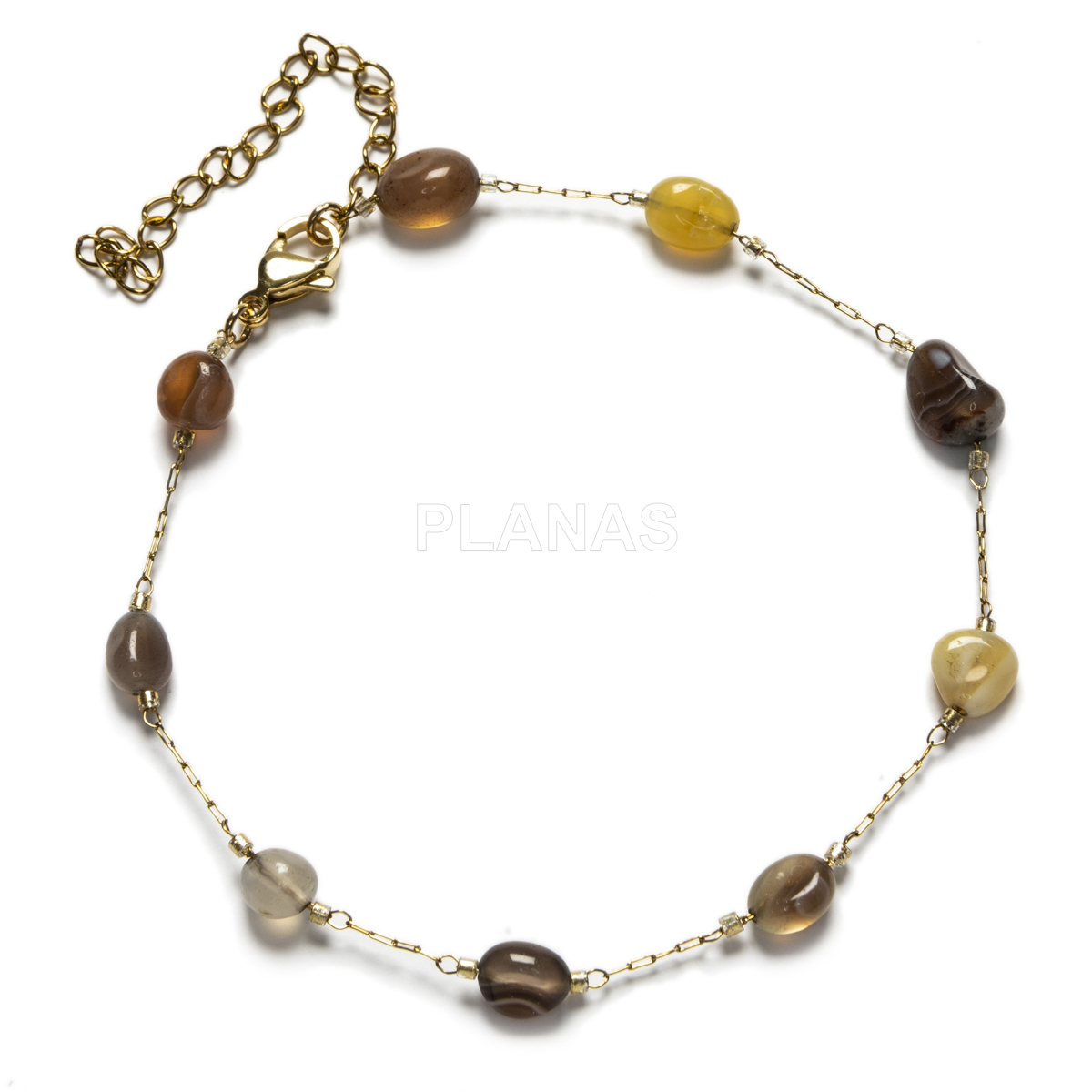 Tobillera en Acero Inoxidable y Baño Oro con Botswana y Perla Shell.  