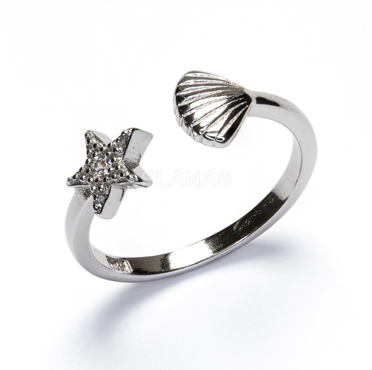 Anillo ajustable en Plata de Ley Rodiada y Circonita. CONCHA Y ESTRELLA DE MAR.