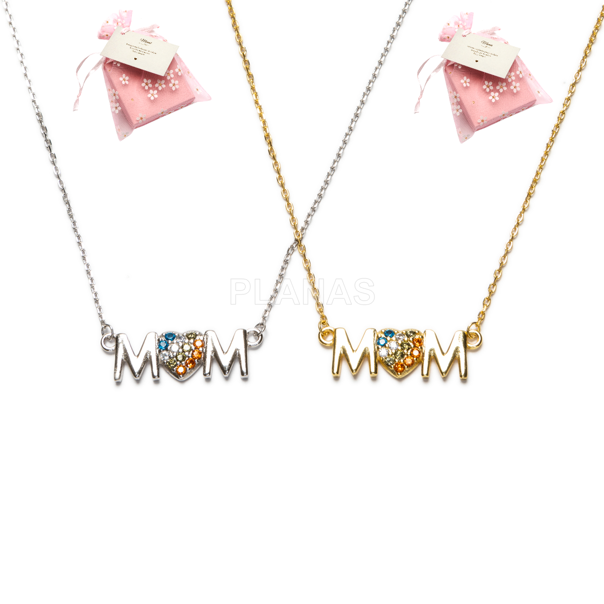 Colar em prata de lei banhada a ródio e zircões coloridos. mãe.