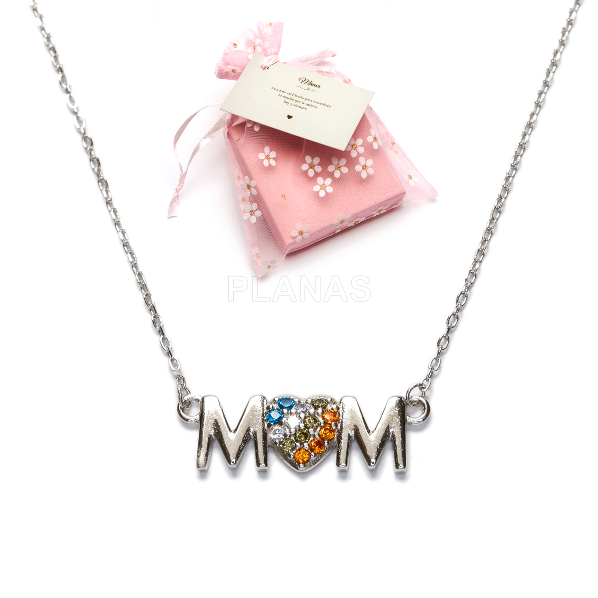 Colar em prata de lei banhada a ródio e zircões coloridos. mãe.