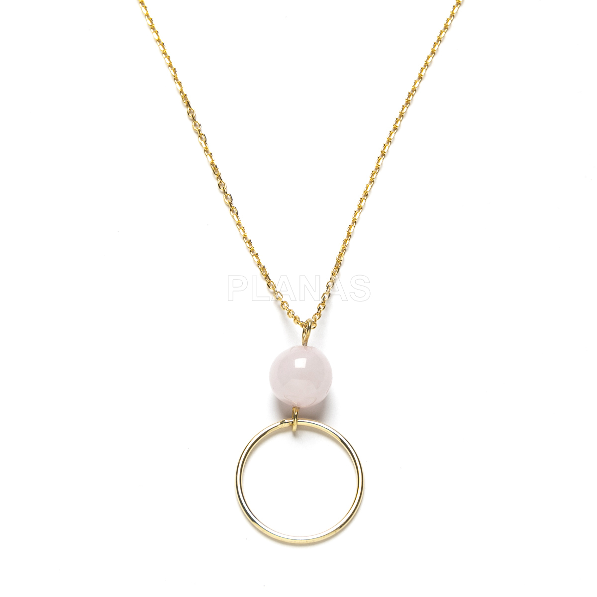 Colar em prata de lei e banho de ouro com quartzo rosa de 8mm.  