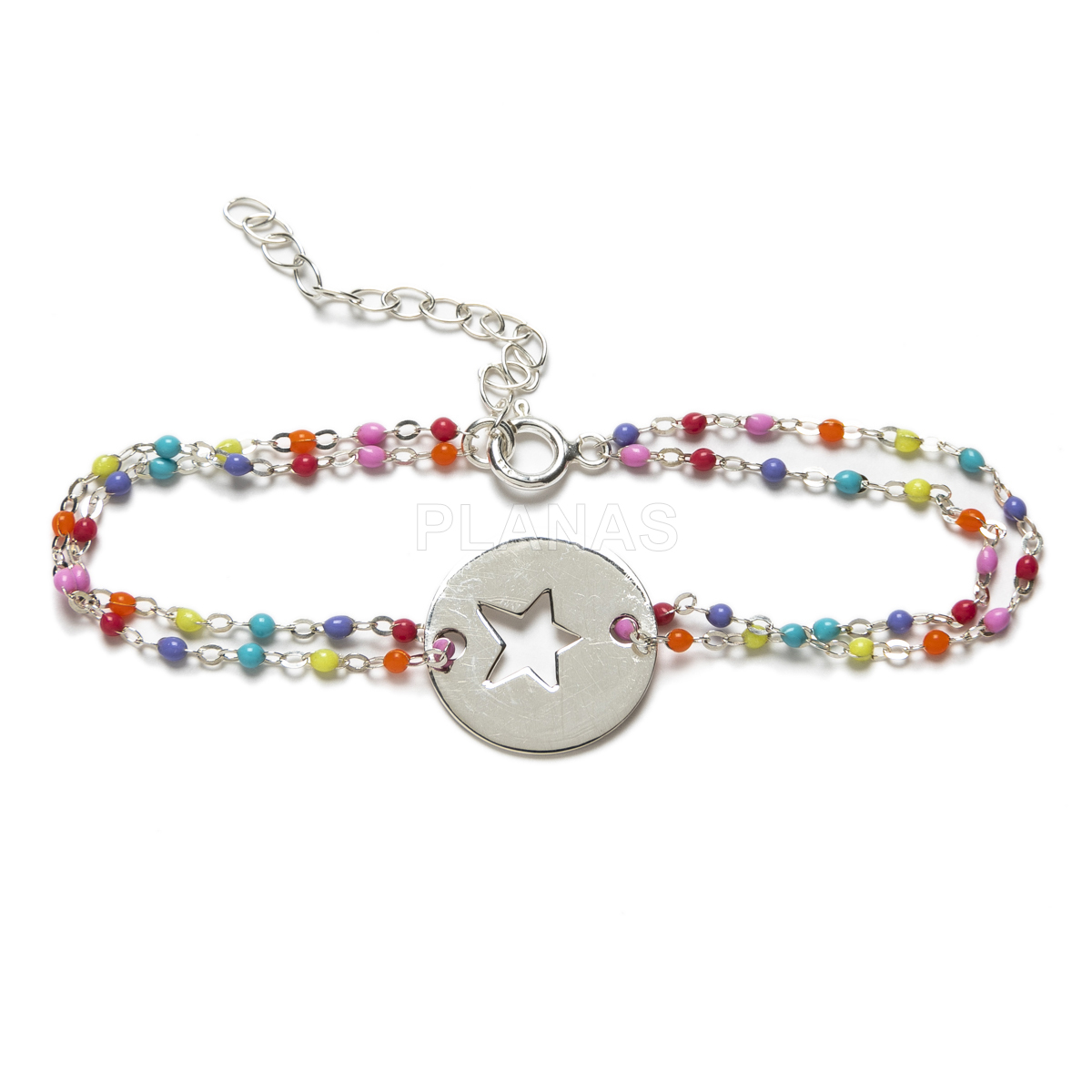 Pulsera en Plata de Ley y bolitas con esmalte de colores. ESTRELLA.