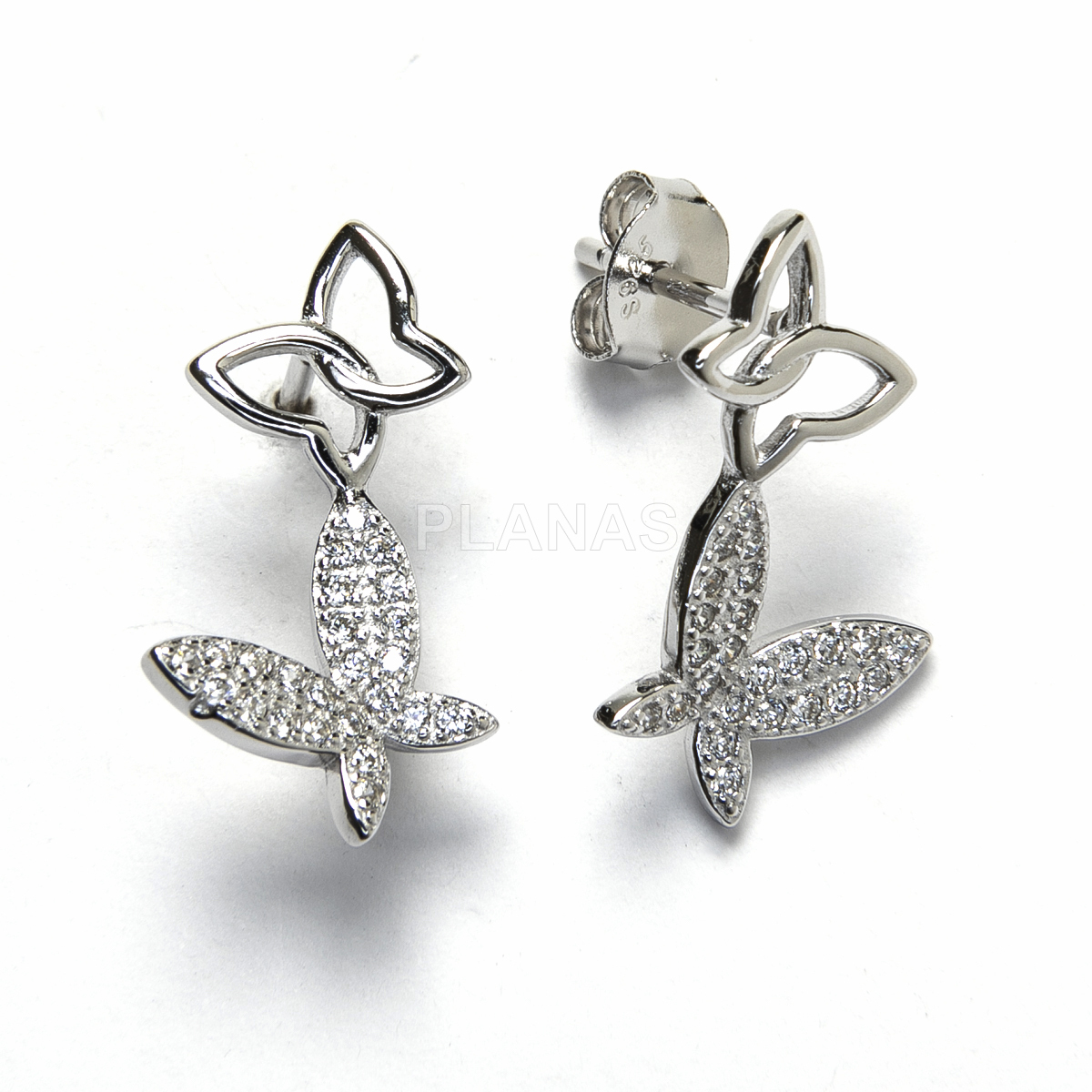 Pendientes en Plata de ley Rodiada y Circonitas Blancas. MARIPOSA.