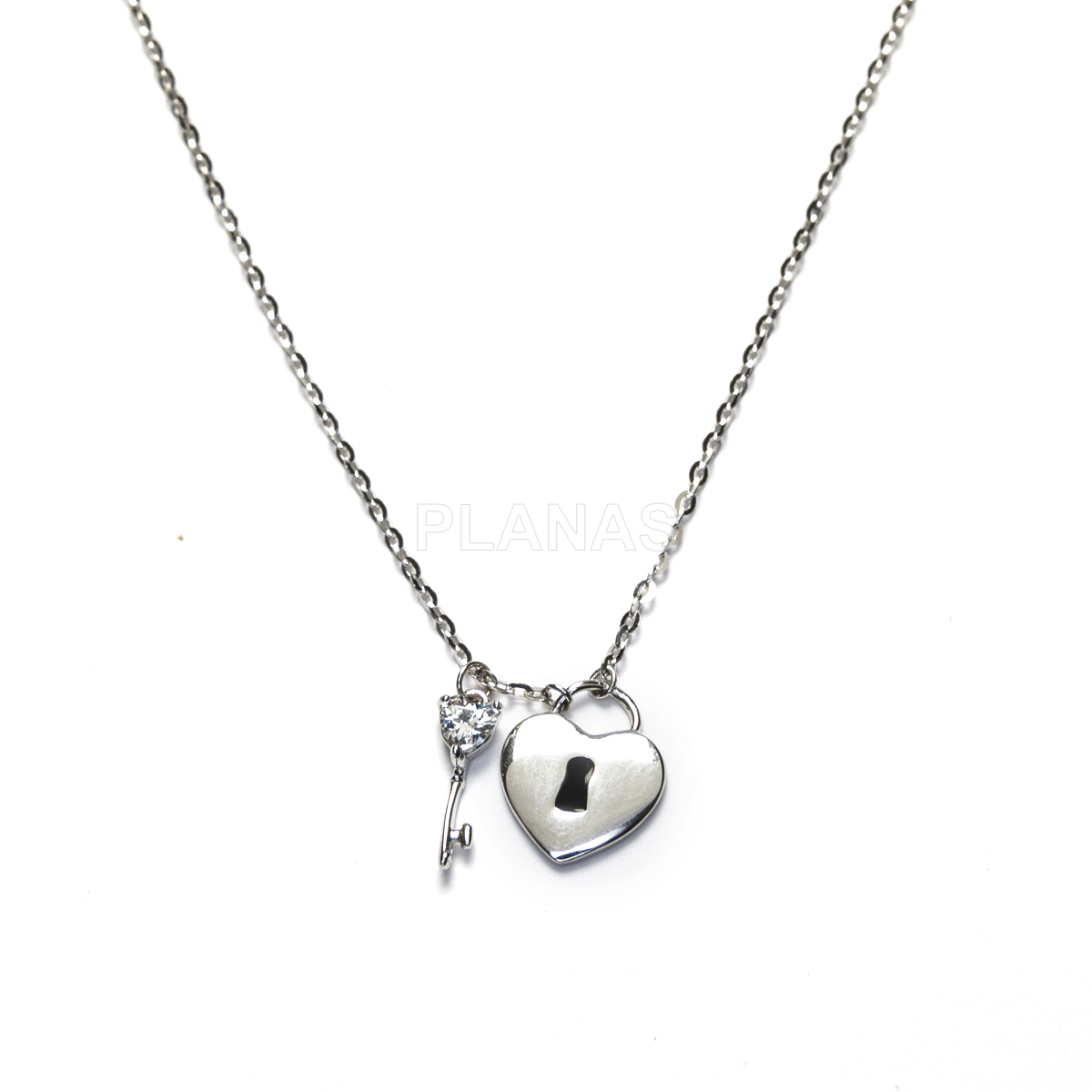 Collar en Plata de Ley Rodiada con Circonitas Blancas. CORAZÓN Y LLAVE.