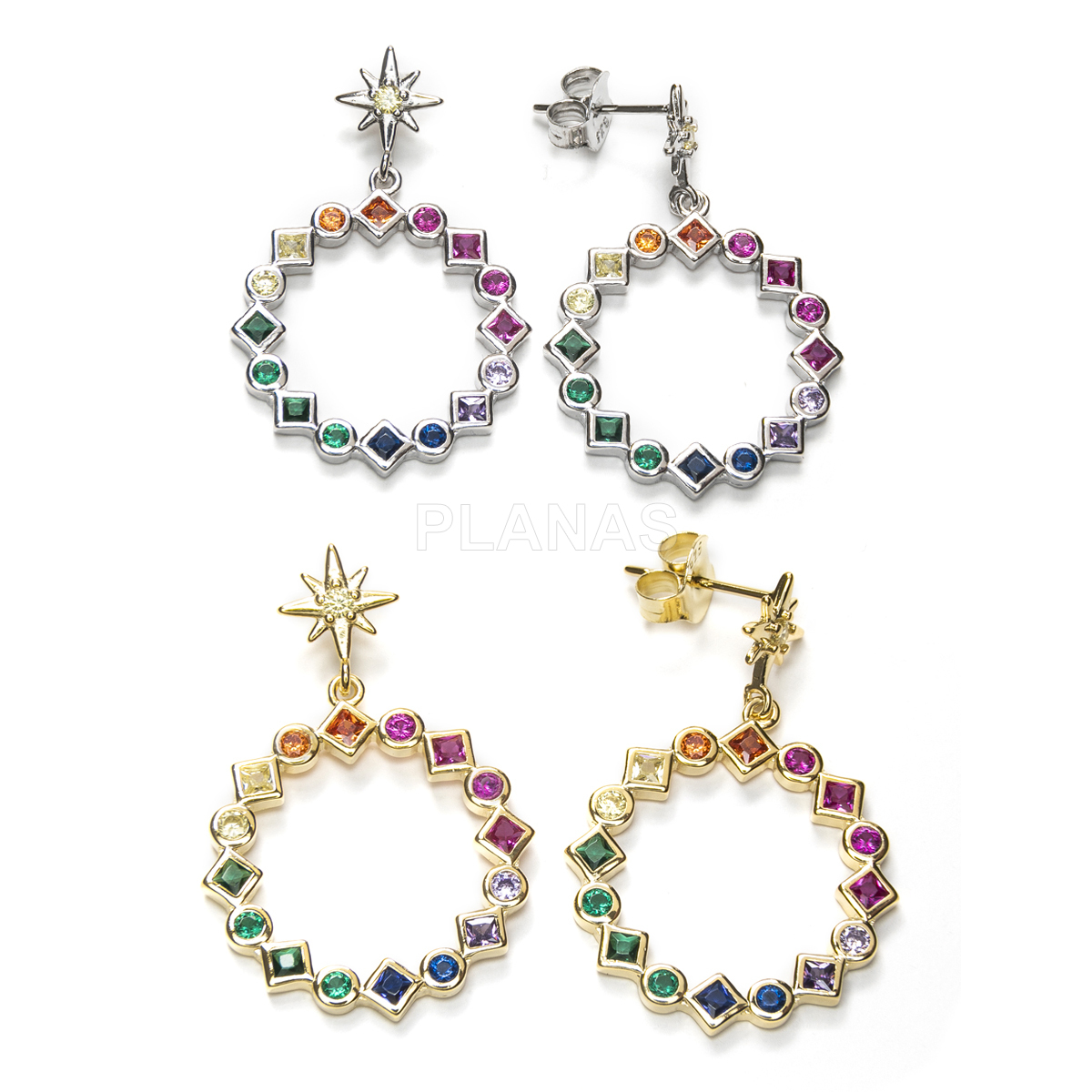 Earrings in sterling silver and colored zirconia.   