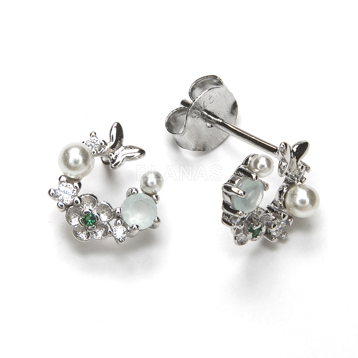 Pendientes en Plata de ley con Circonitas con perlas Shell.