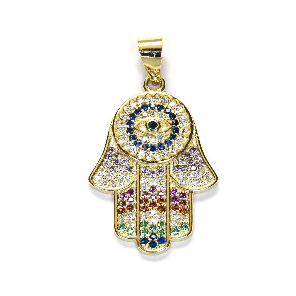 Colgante en Plata de ley y Baño Oro con Circonitas de colores. MANO DE FATIMA.