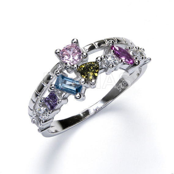 Anillo en Plata de Ley Rodiada y Circonitas de colores.  