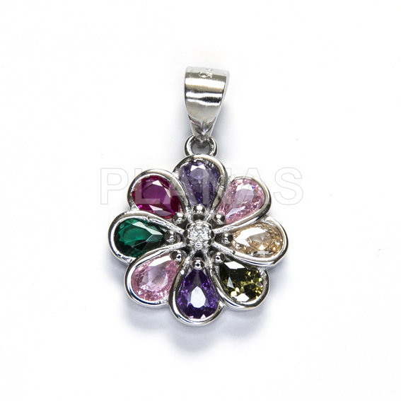 Colgante en Plata de ley y Circonitas de colores. FLOR.