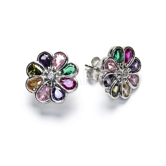Pendientes en Plata de Ley y Circonitas de colores.  FLOR. 