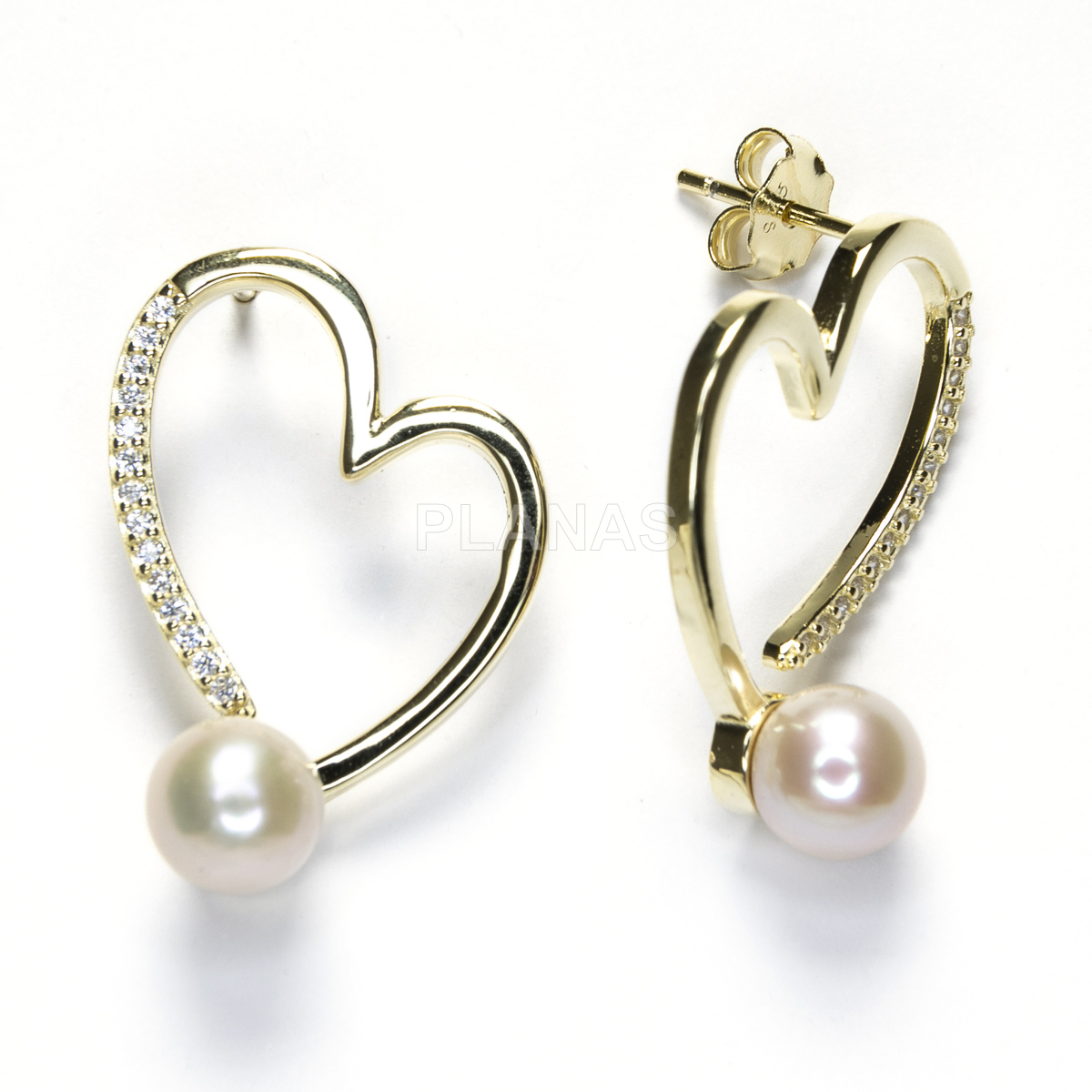 Pendientes en Plata de Ley con circonitas y Perla nacarada de 6mm. CORAZÓN.