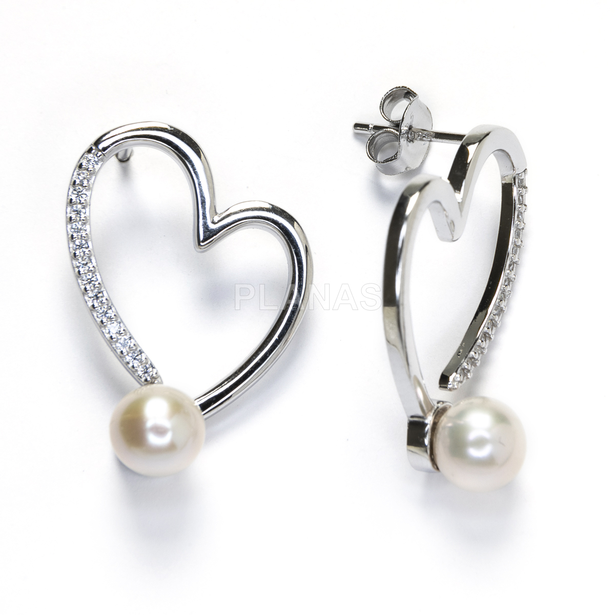 Pendientes en Plata de Ley con circonitas y Perla nacarada de 6mm. CORAZÓN.