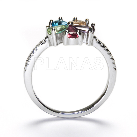 Anillo en Plata de Ley Rodiada y Circonitas de colores. FLOR.