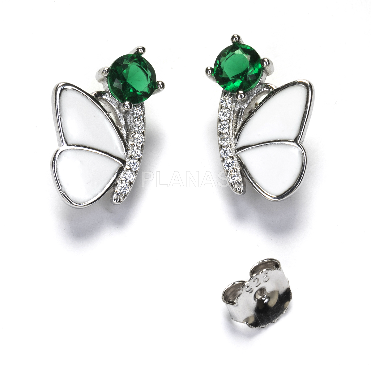 Pendientes en Plata de ley Rodiada y Circonitas de colores con esmalte blanco. MARIPOSA.