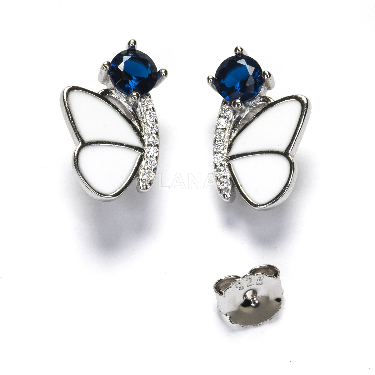 Pendientes en Plata de ley Rodiada y Circonitas de colores con esmalte blanco. MARIPOSA.