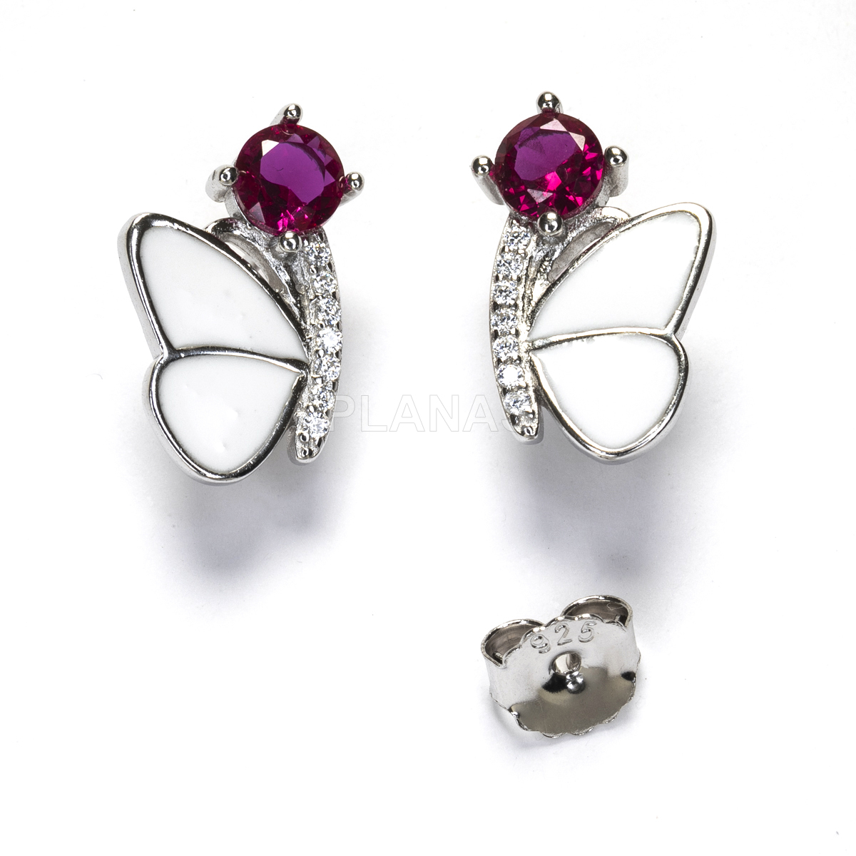Pendientes en Plata de ley Rodiada y Circonitas de colores con esmalte blanco. MARIPOSA.