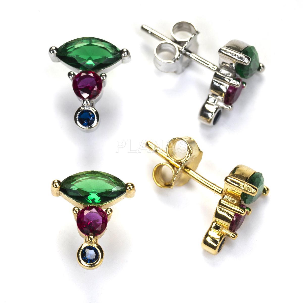 Pendientes en Plata de ley y Circonitas de colores.  