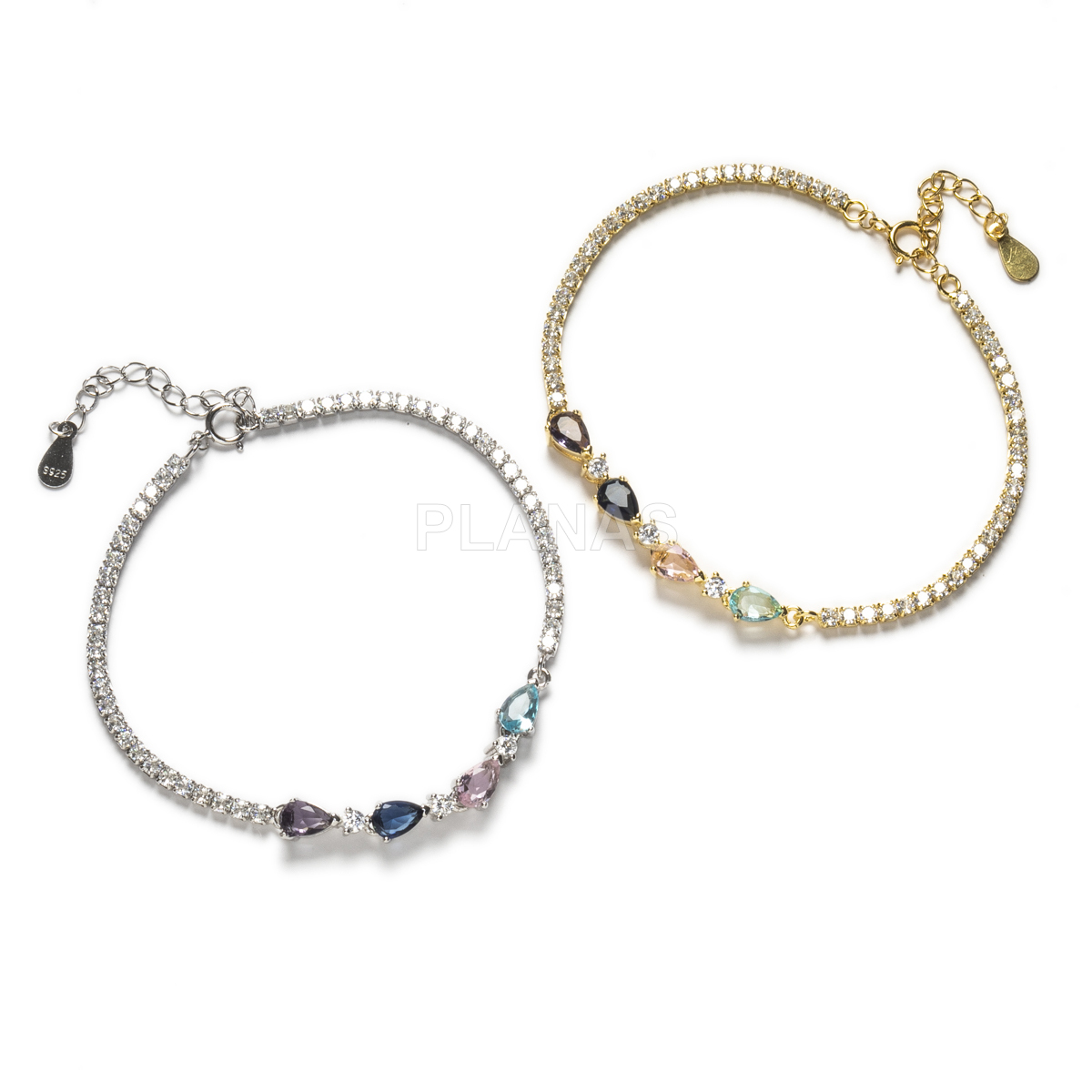 Pulseira em prata de lei e zircões coloridos.  