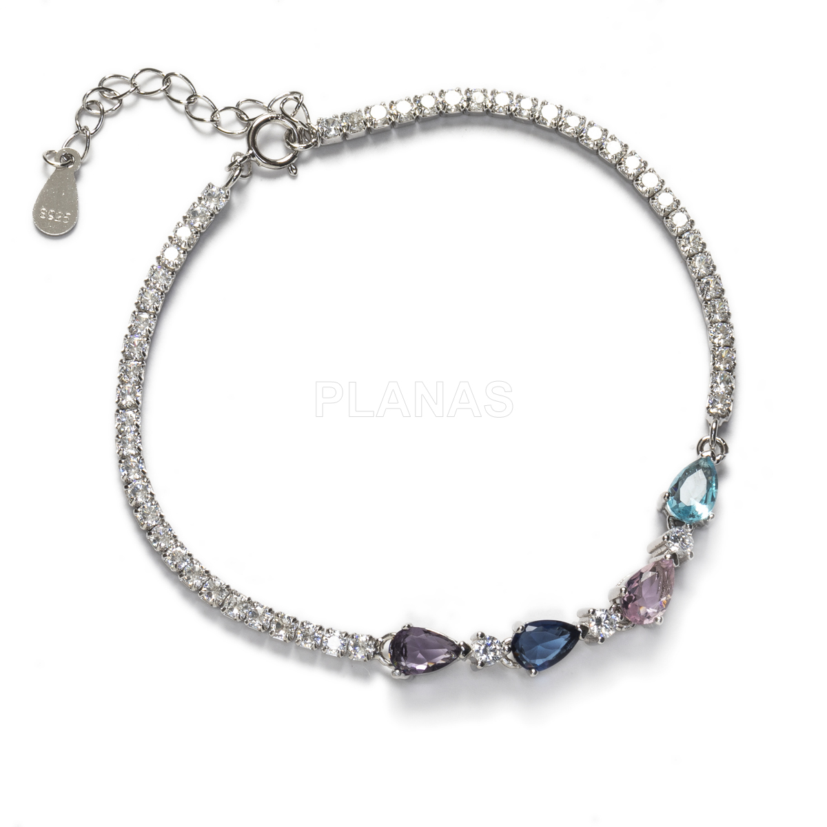 Pulseira em prata de lei e zircões coloridos.  