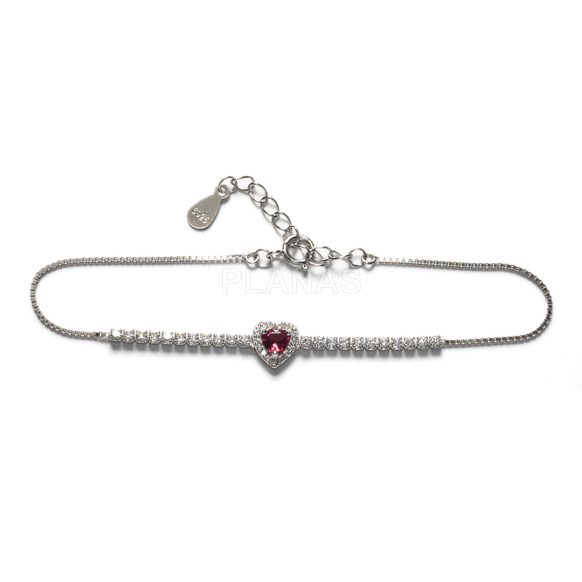 Pulseira em prata de lei banhada a ródio e zircões. coração.