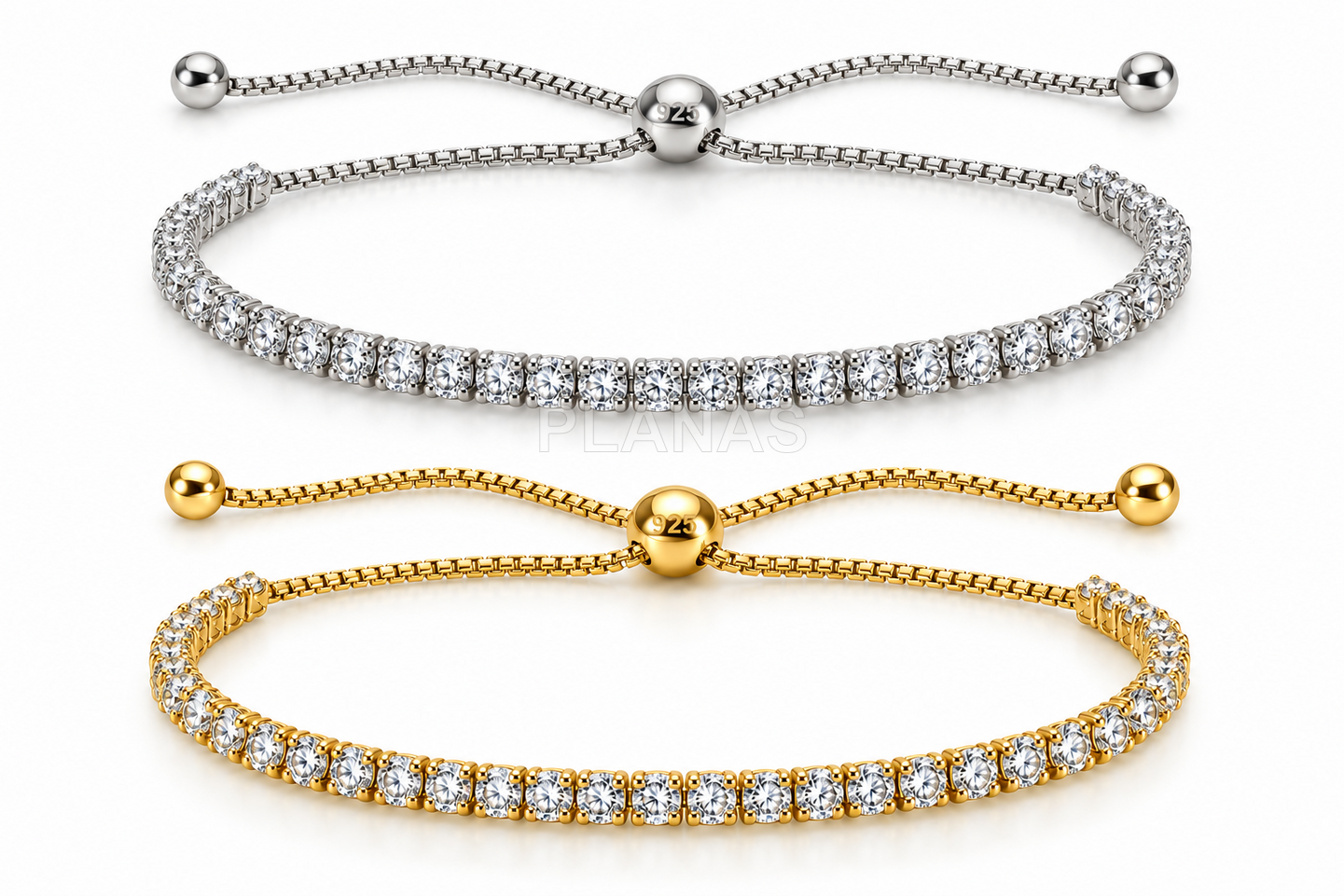 Pulsera riviere en Plata de ley y Circonitas con nudo corredero.  