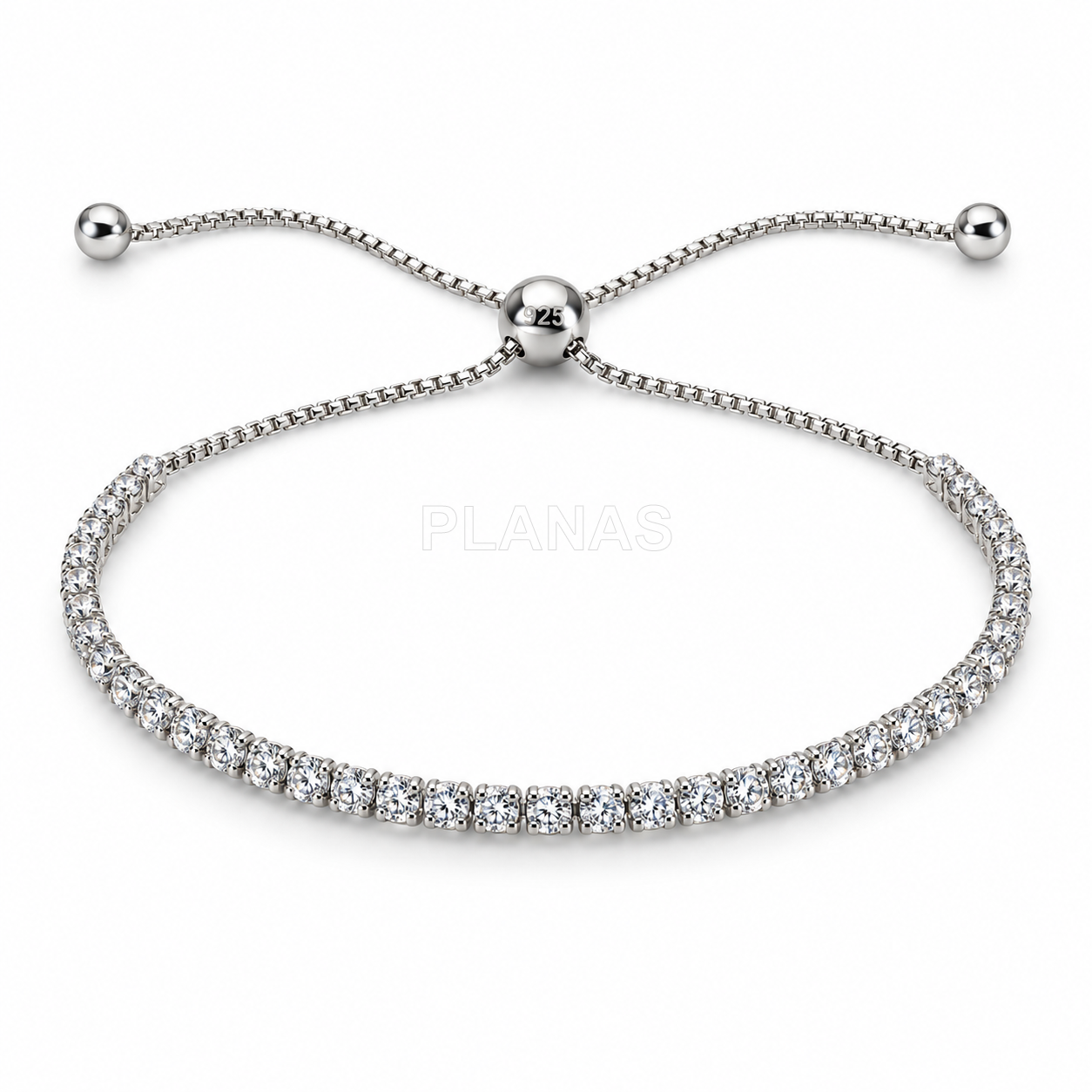 Pulsera riviere en Plata de ley y Circonitas con nudo corredero.  