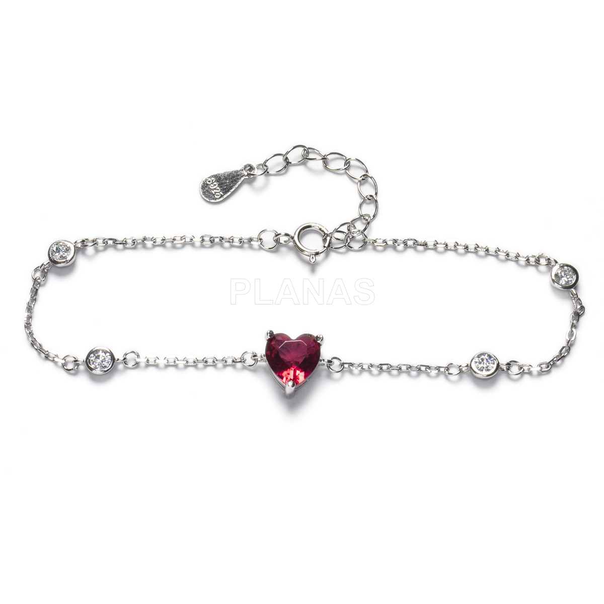 Pulseira em prata de lei e zircônia fúcsia. coração.  
