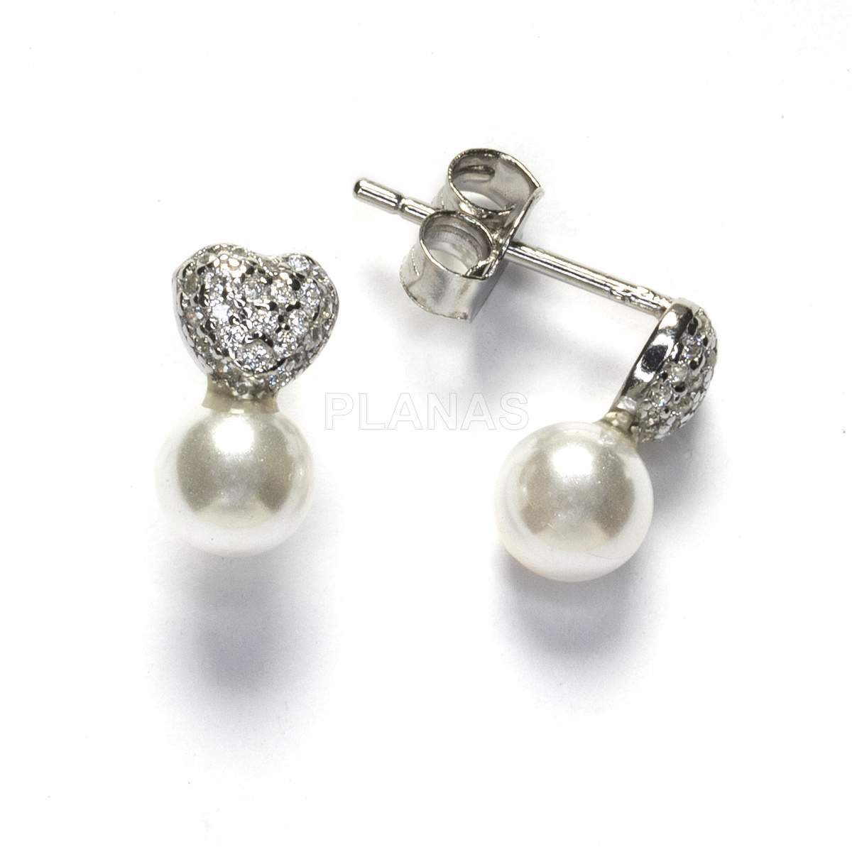 Pendientes en Plata de ley con circonitas y Perla nacarada de 5mm. CORAZÓN.