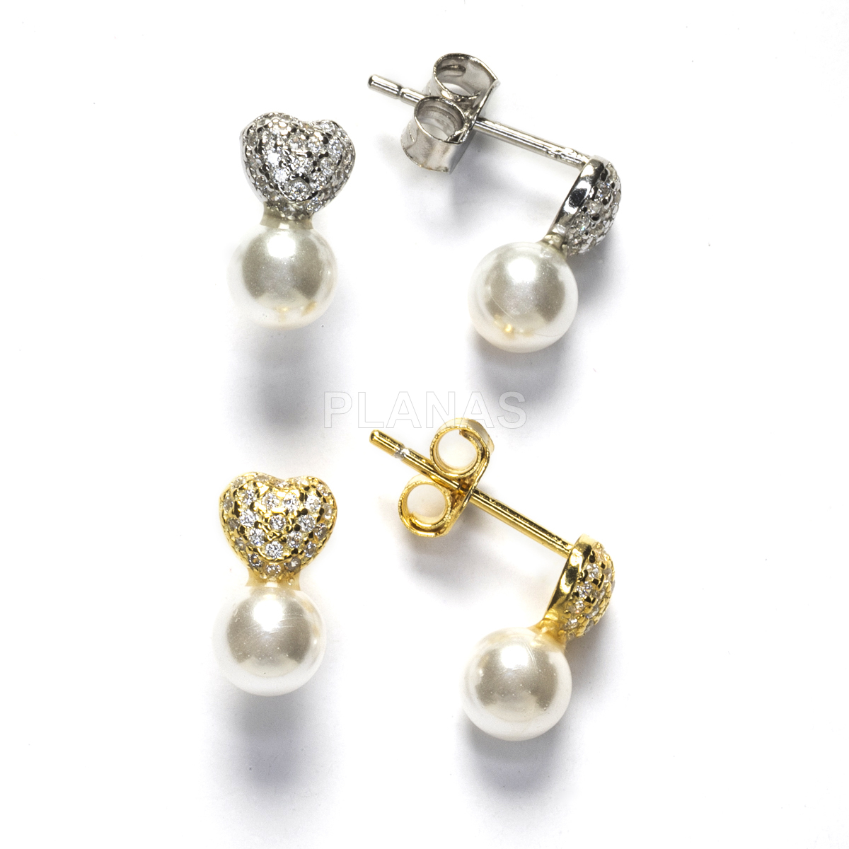 Pendientes en Plata de ley con circonitas y Perla nacarada de 5mm. CORAZÓN.