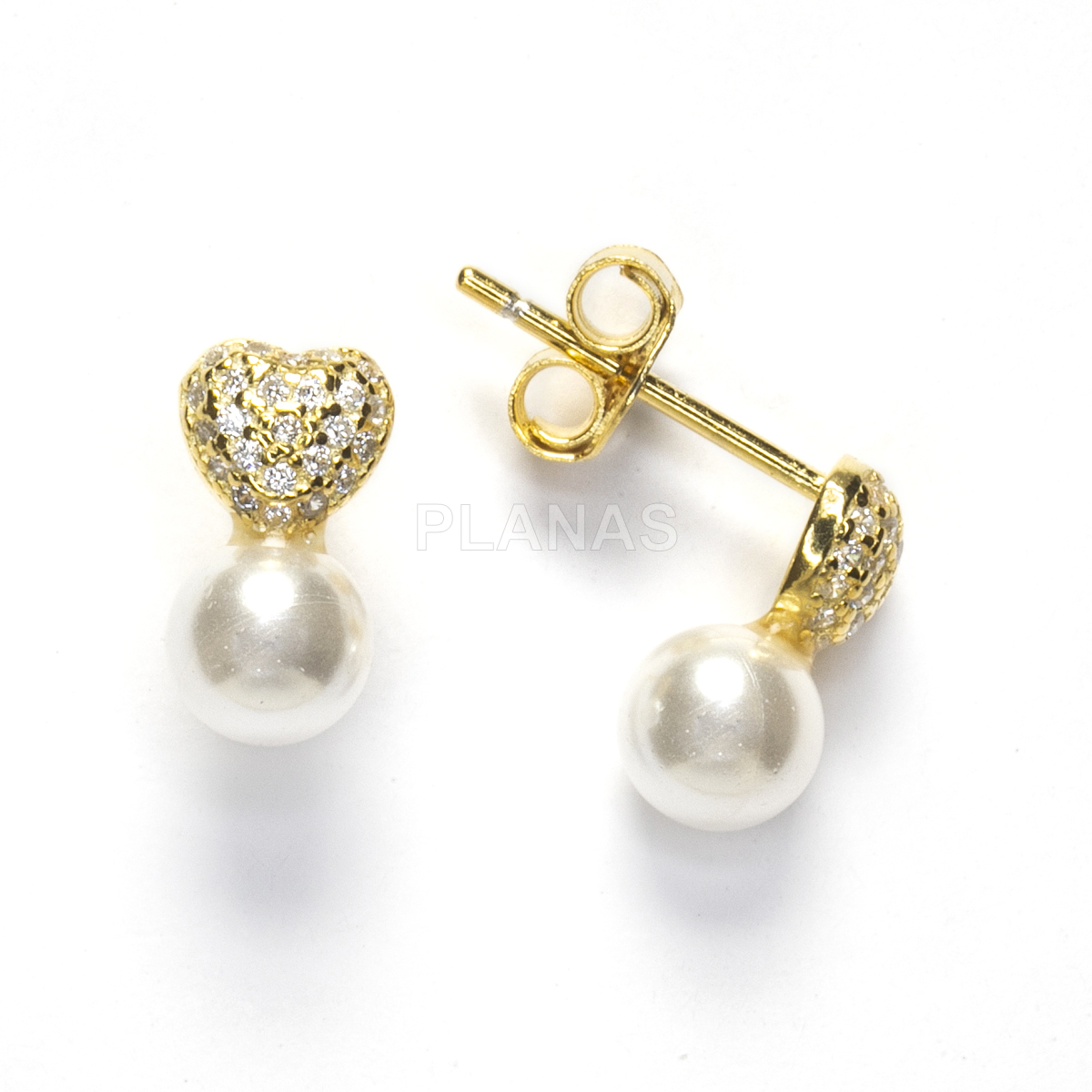Pendientes en Plata de ley con circonitas y Perla nacarada de 5mm. CORAZÓN.