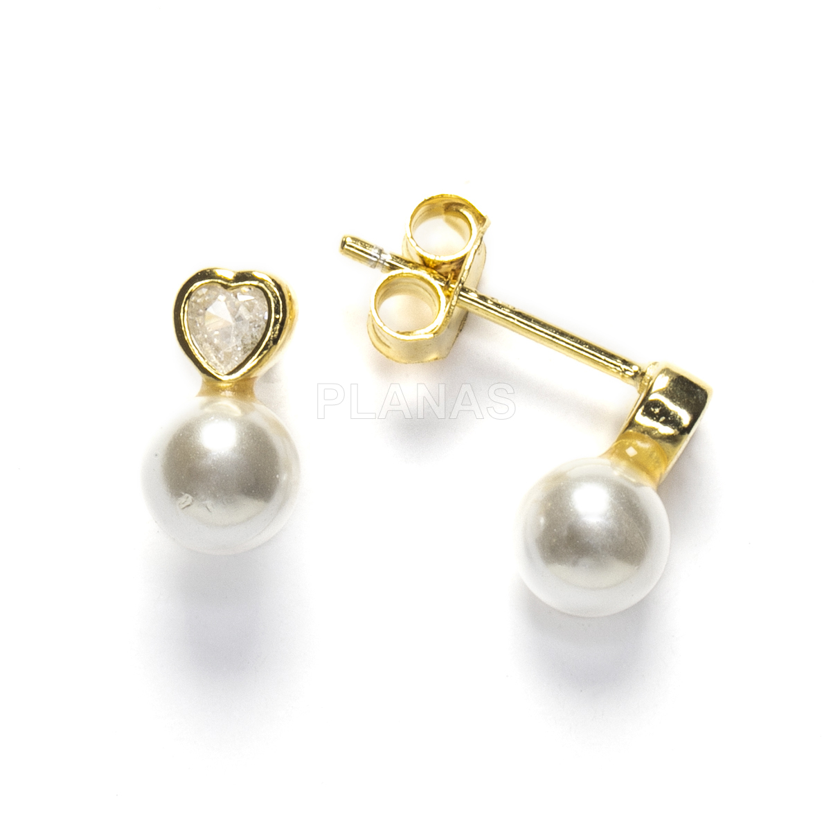Pendientes en Plata de ley con circonitas y Perla nacarada de 5mm. CORAZÓN.