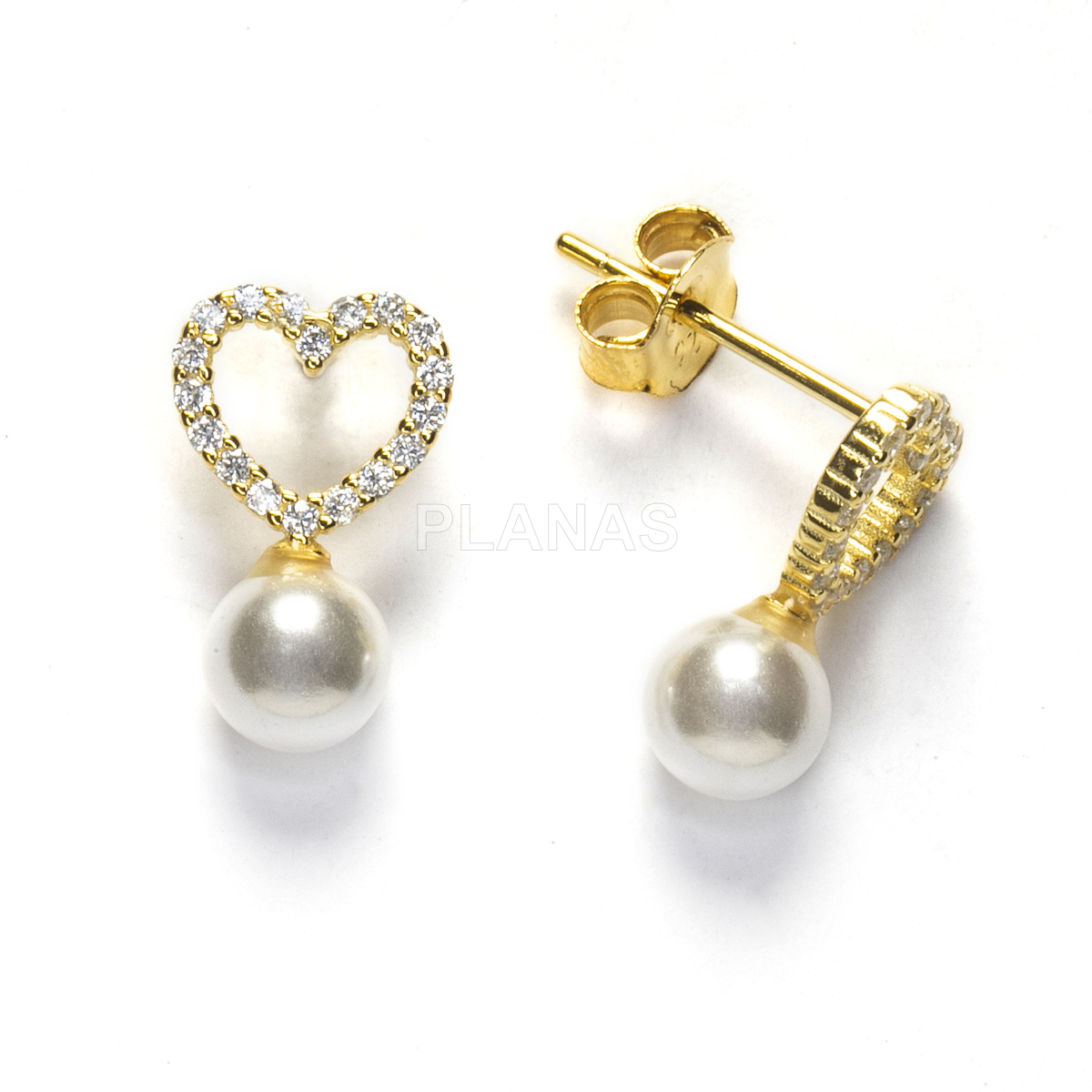 Pendientes en Plata de ley con circonitas y Perla nacarada de 5mm. CORAZÓN.