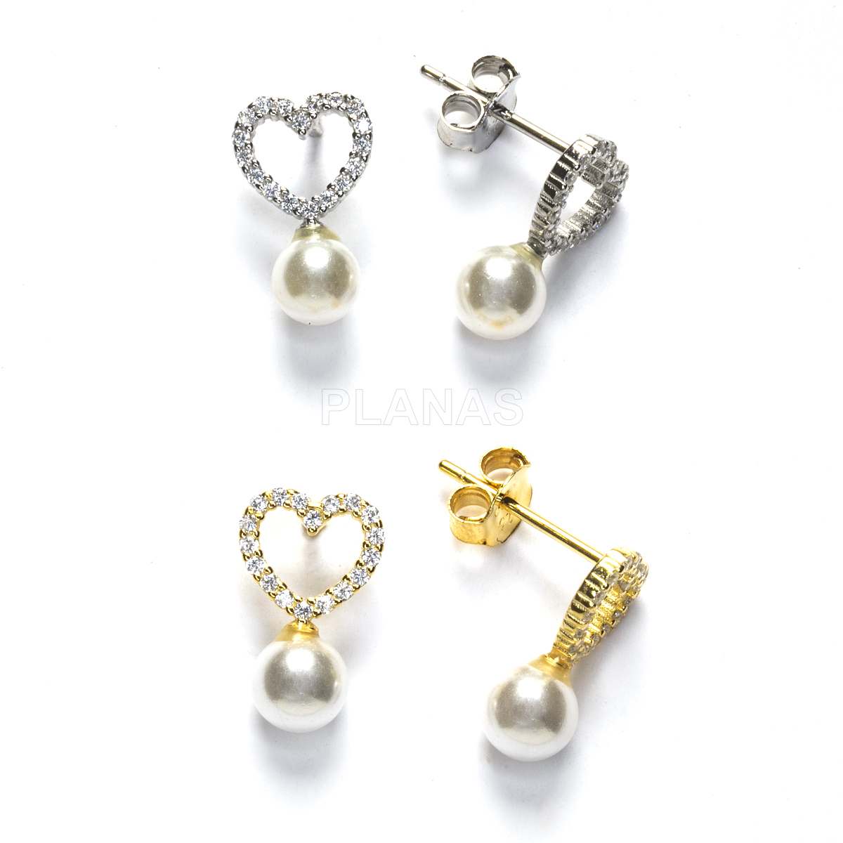 Pendientes en Plata de ley con circonitas y Perla nacarada de 5mm. CORAZÓN.