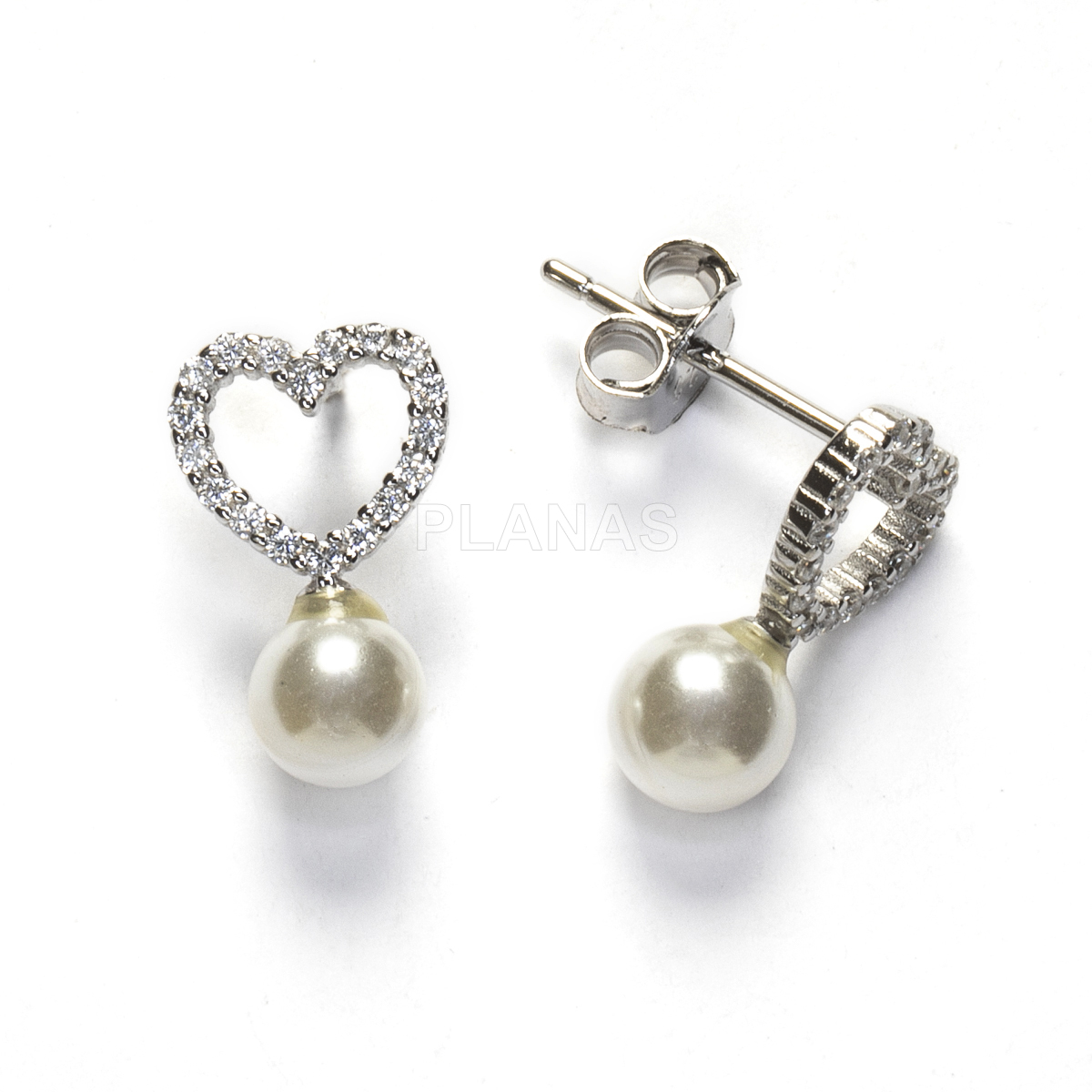 Pendientes en Plata de ley con circonitas y Perla nacarada de 5mm. CORAZÓN.
