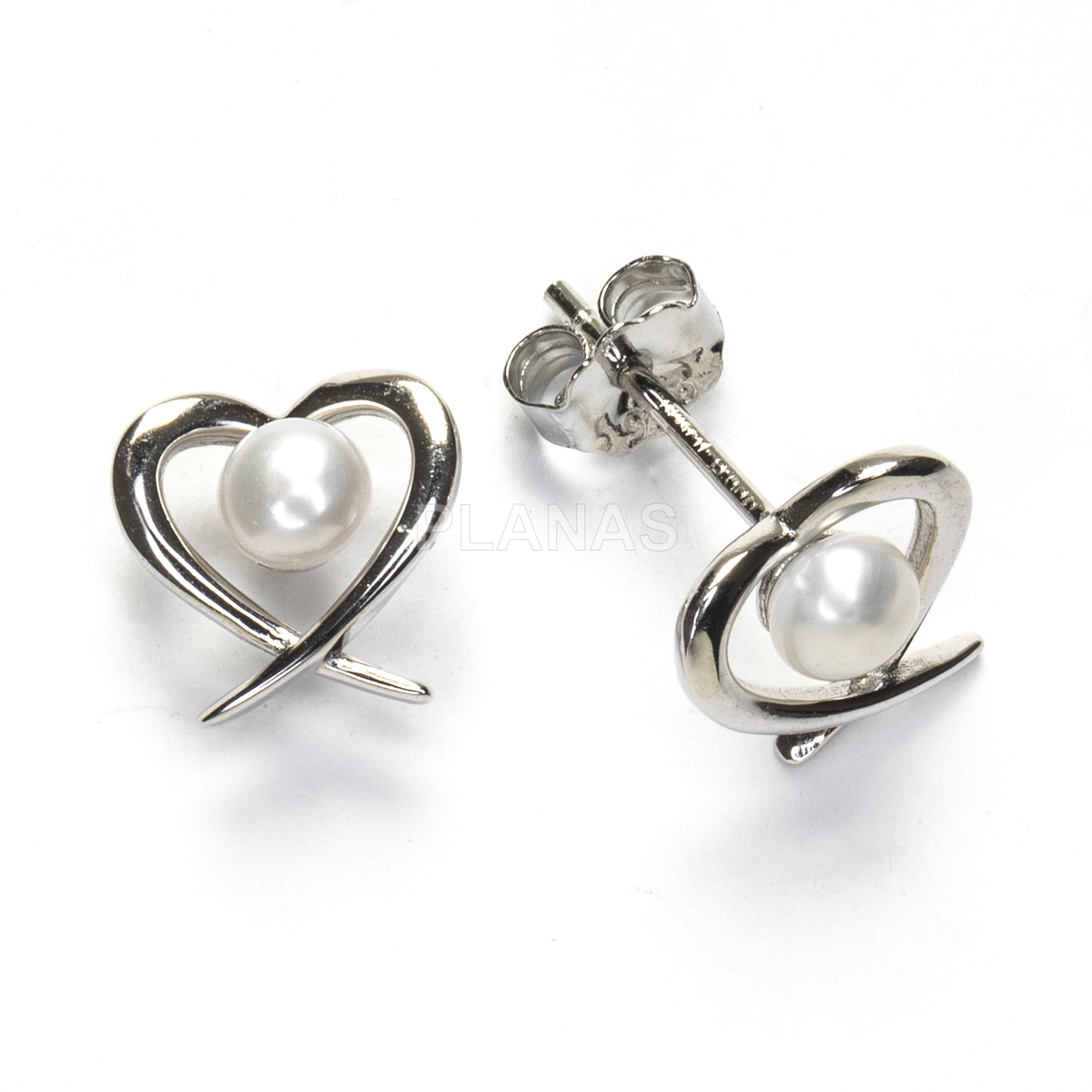 Pendientes en plata de ley rodiada y Perla Nacarada. CORAZÓN.