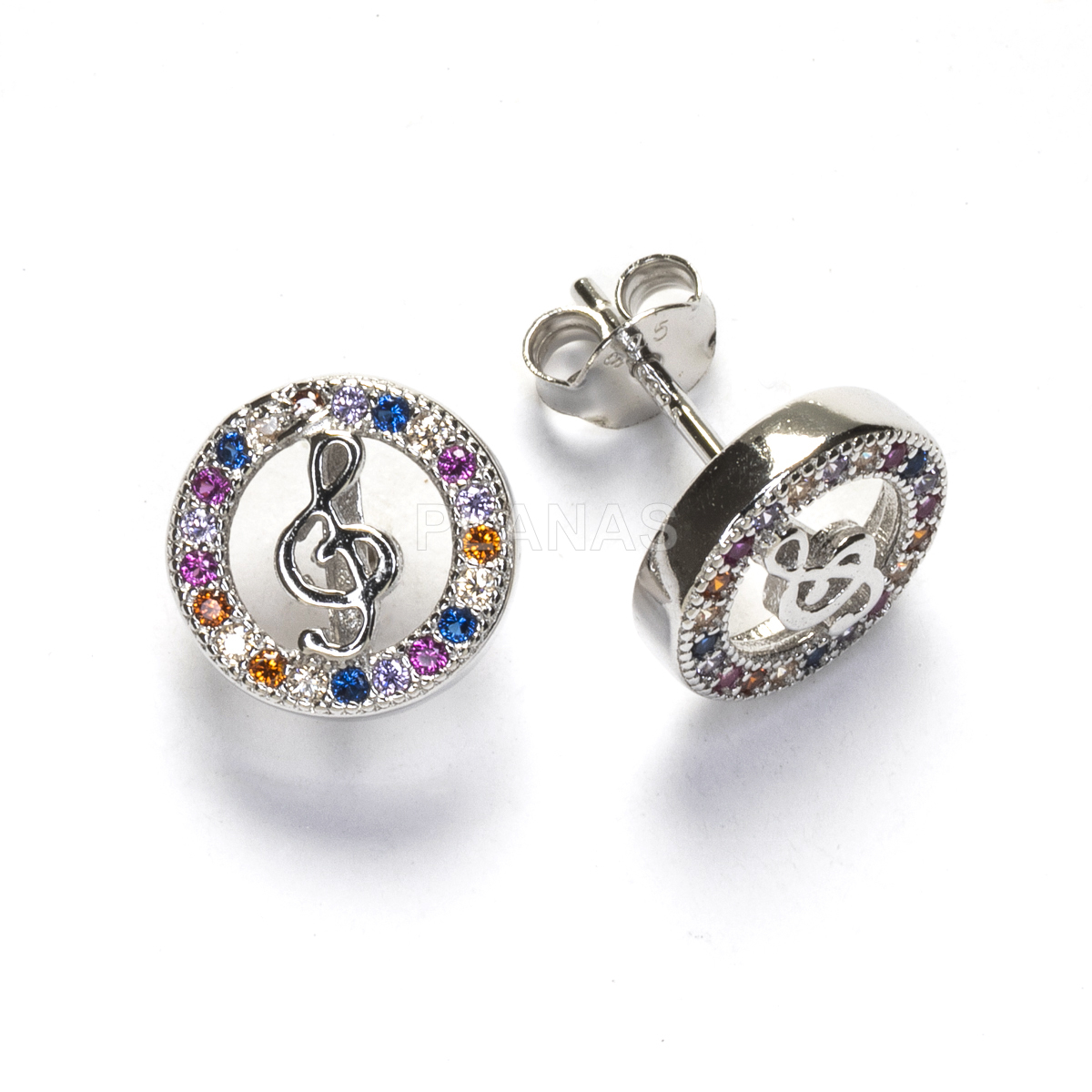 Pendientes en Plata de ley Rodiada y Circonitas de colores. CLAVE DE SOL.  