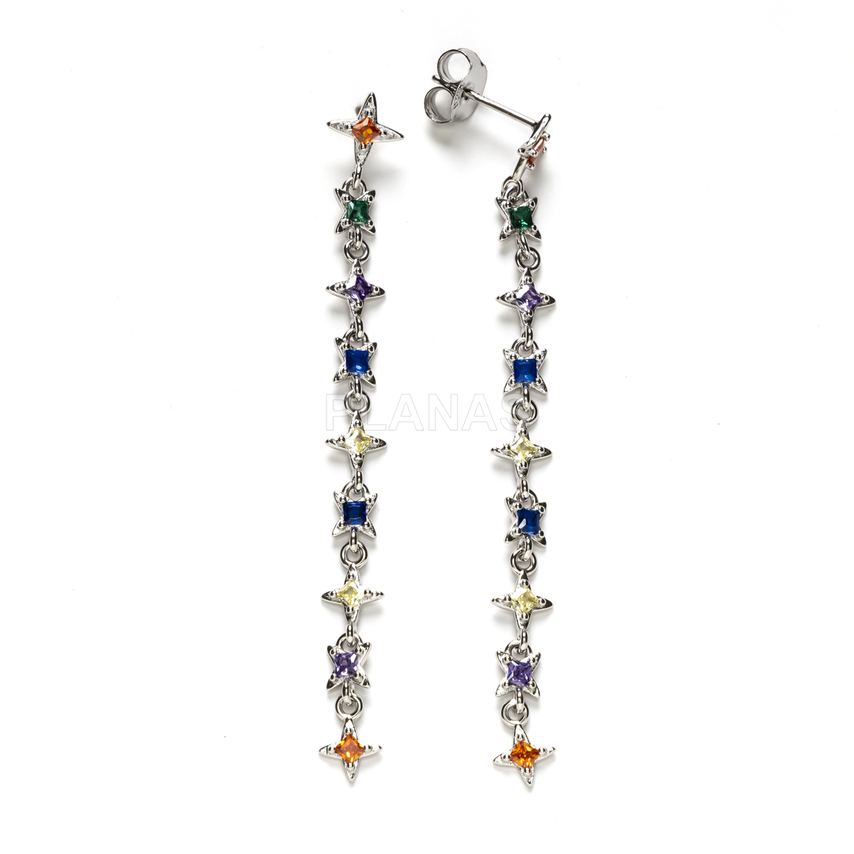 Earrings in sterling silver and colored zircons. stars.