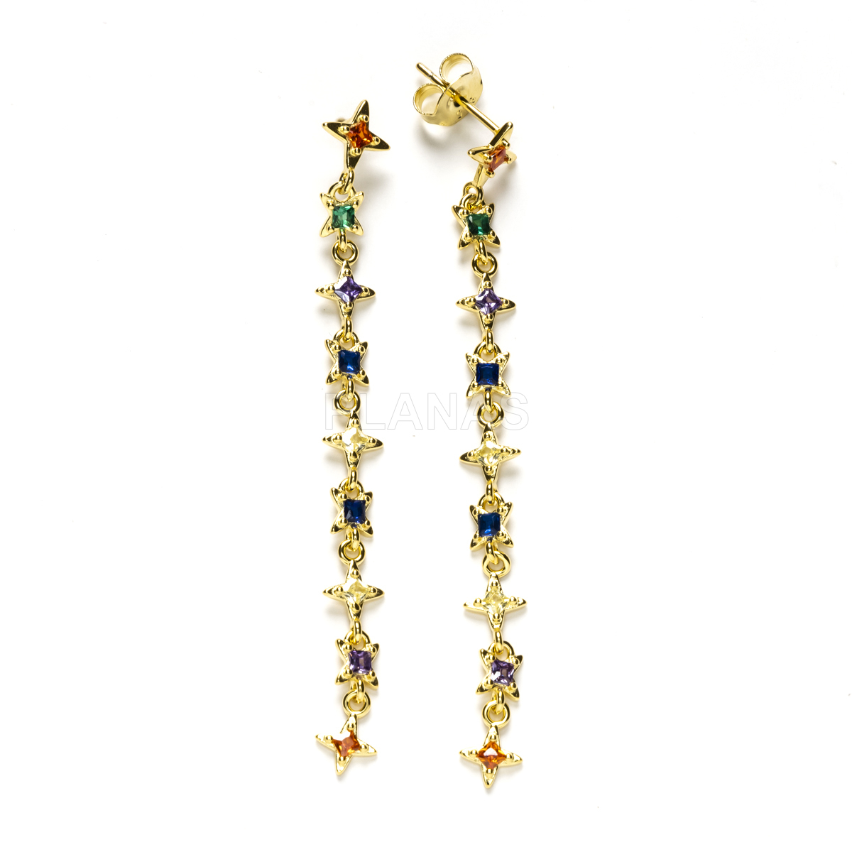 Earrings in sterling silver and colored zircons. stars.