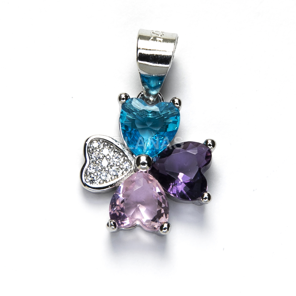 Colgante en Plata de ley Rodiada y Circonitas de colores. TREBOL.