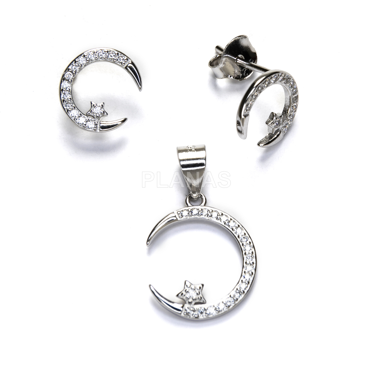 Conjunto de Pendientes y Colgante en plata de ley Rodiada y Circonitas. LUNA.