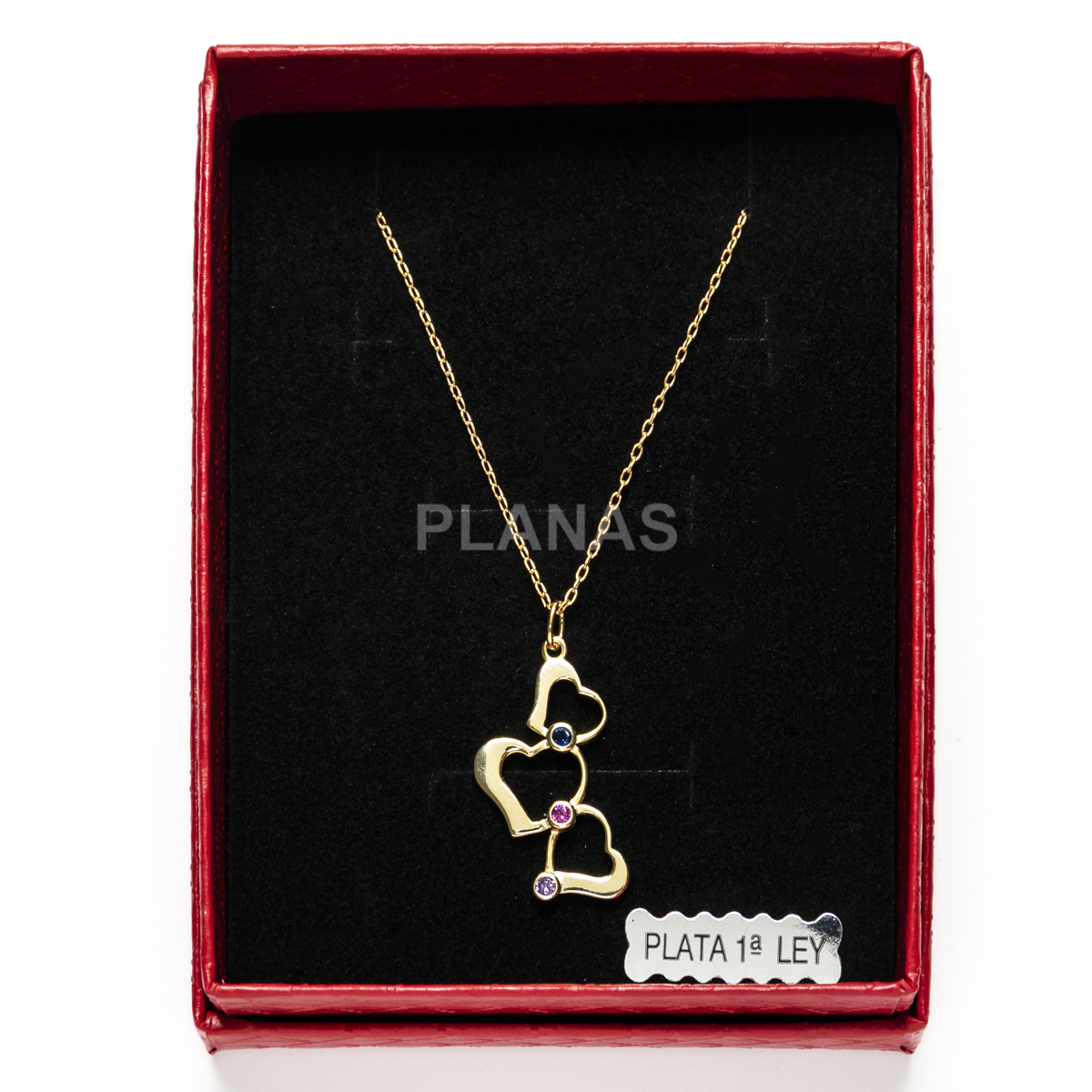 Collar en Plata de Ley y Baño Oro con Circonitas. CORAZÓNES.  