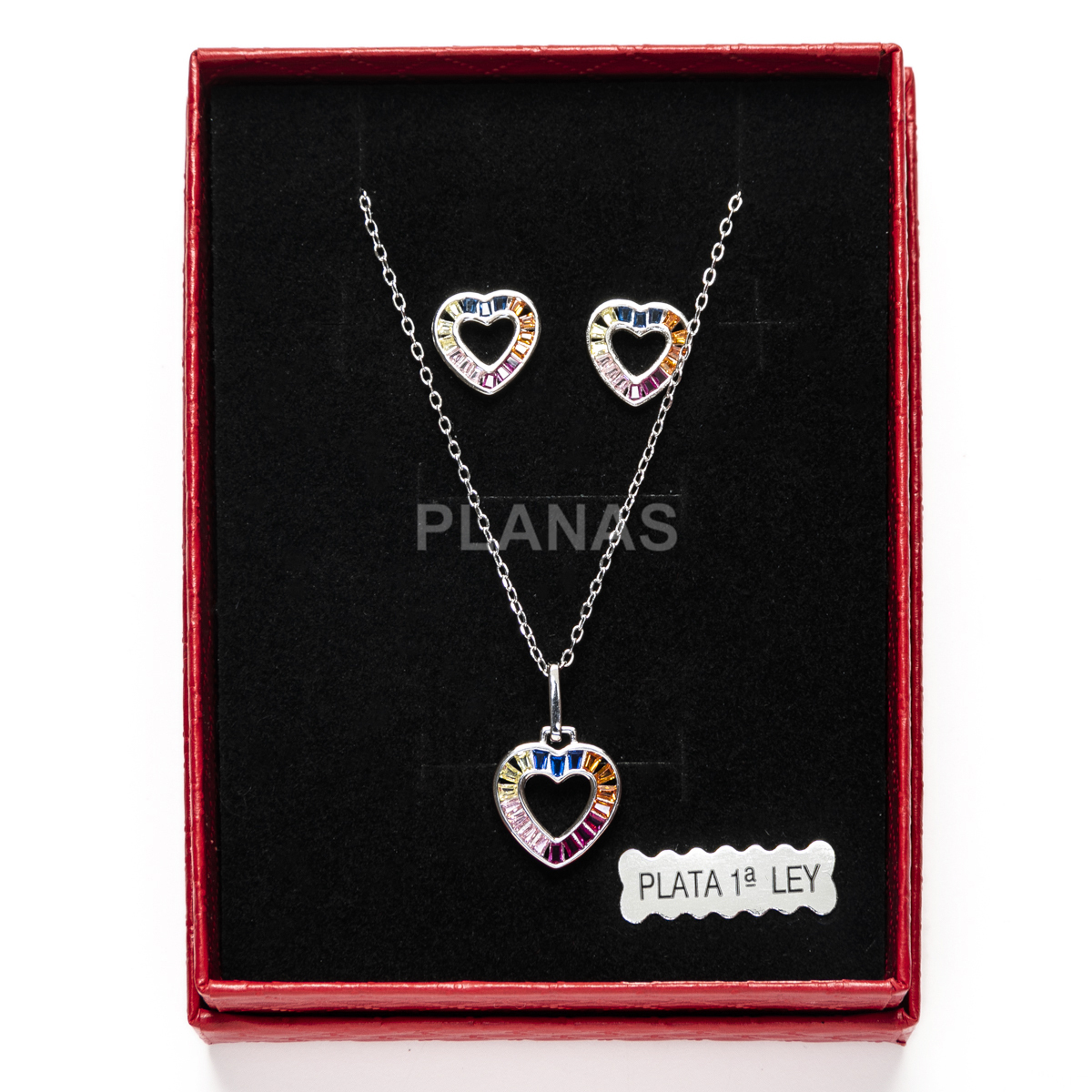 Conjunto de Pendientes y Colgante en plata de ley Rodiada y Circonitas de Colores. CORAZÓN.