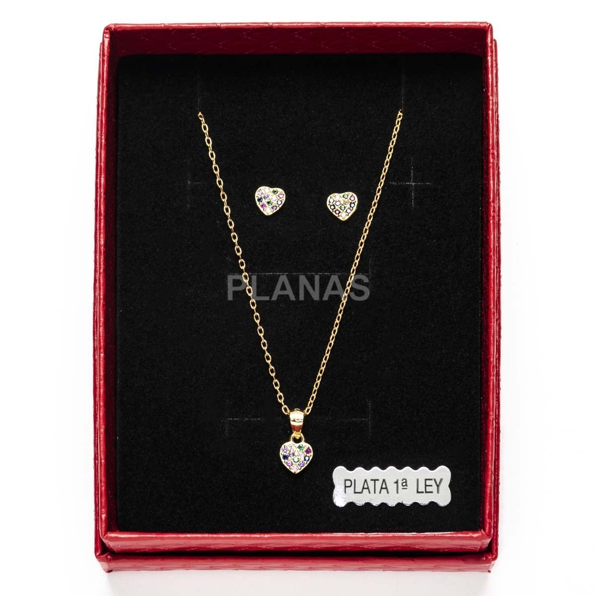 Conjunto de Pendientes y Colgante en plata de ley  y Baño Oro con Circonitas. CORAZÓN.