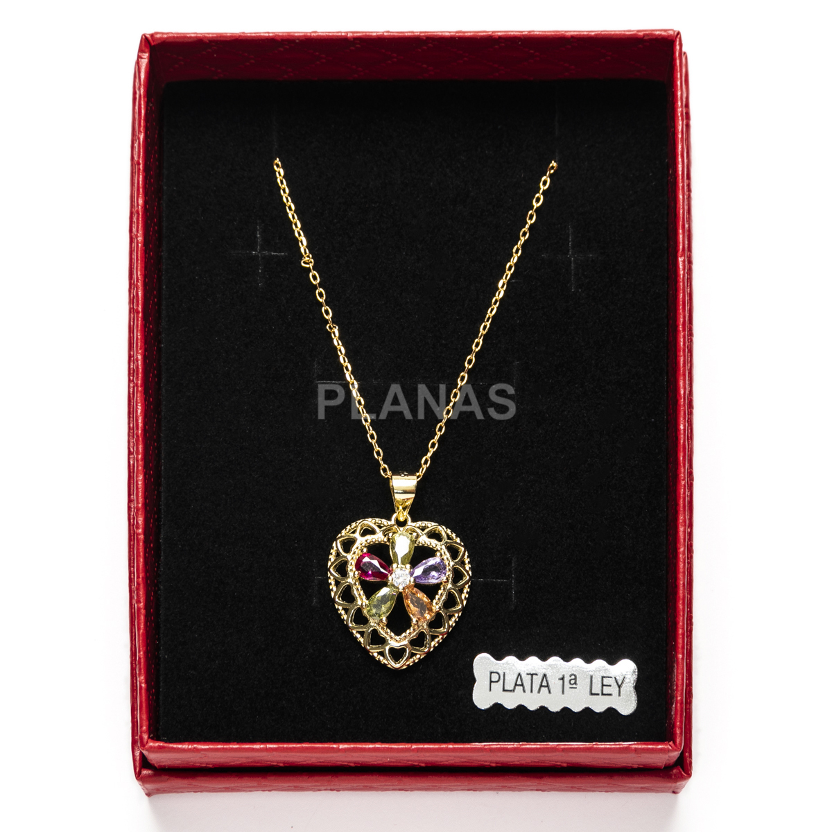 Collar en Plata de Ley y Baño Oro con Circonitas de colores. CORAZÓNES.  