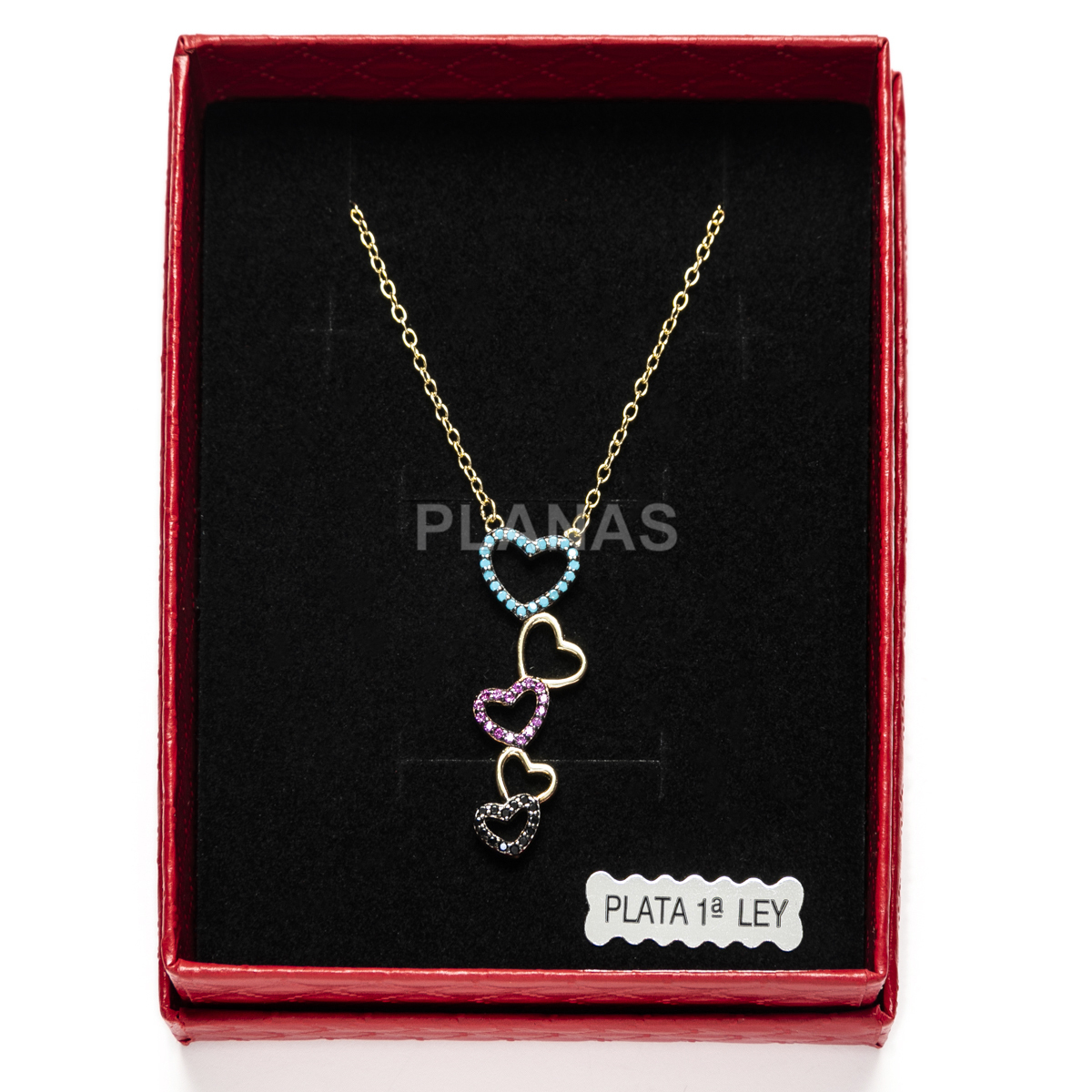Collar en Plata de Ley y Baño Oro con Circonitas. CORAZÓNES.  