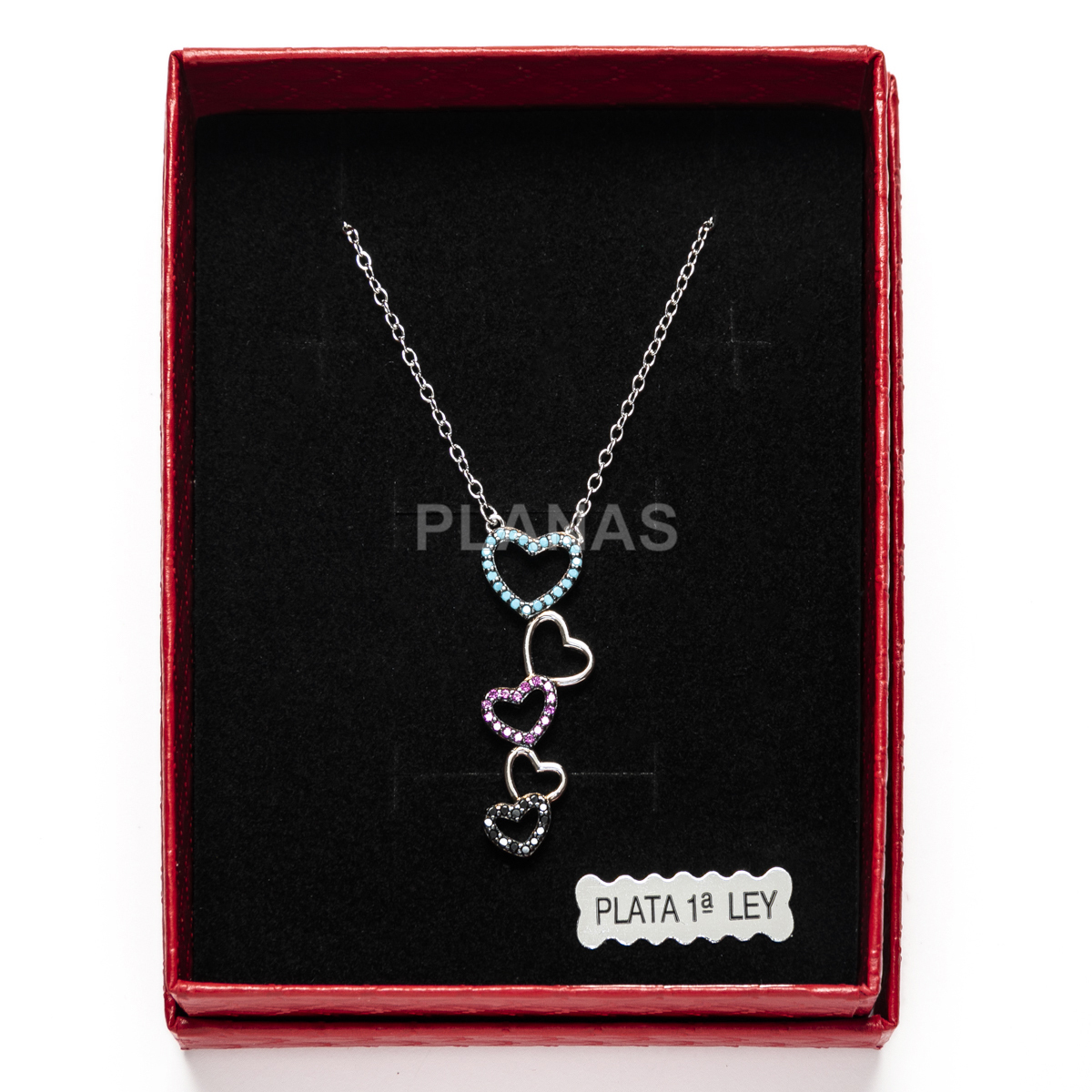 Collar en Plata de Ley Rodiada y Circonitas. CORAZÓNES.  