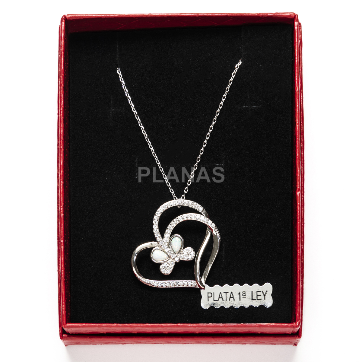 Collar en Plata de Ley Rodiada con Circonitas y Opalo. CORAZÓN Y MARIPOSA.  