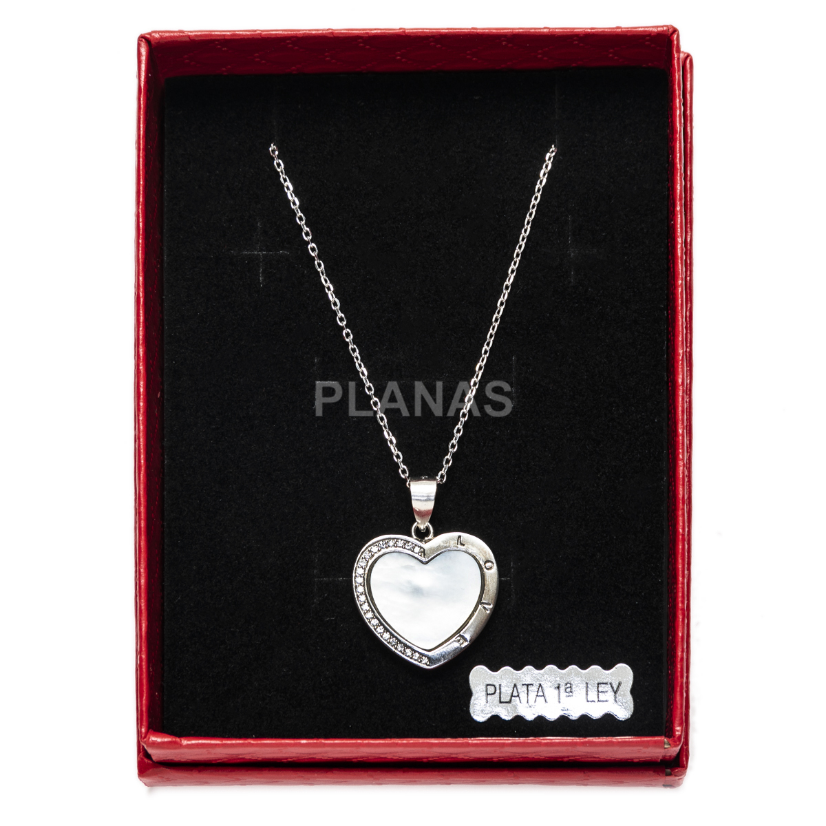 Collar en Plata de Ley Rodiada con Circonitas y Nacar. CORAZÓN.  