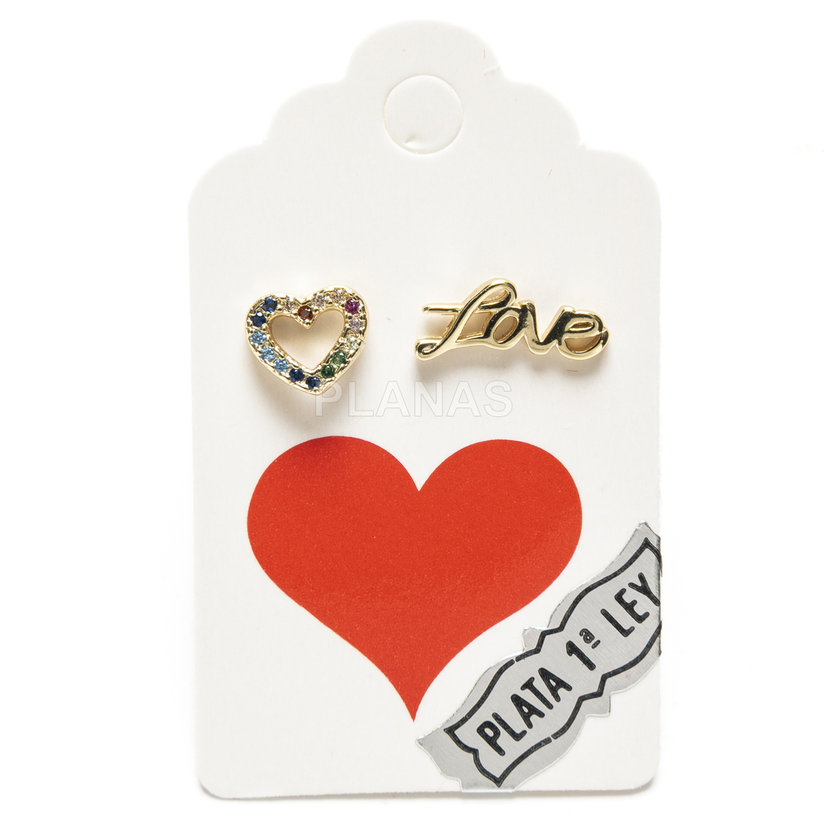 Pendientes en plata de ley y Baño Oro con Circonitas de colores. CORAZÓN/ LOVE.