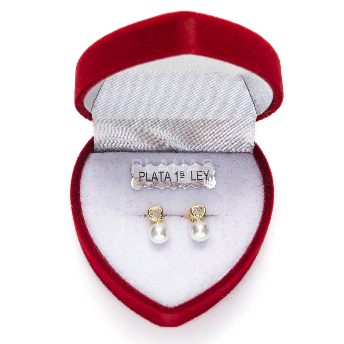 Pendientes en plata de ley y Baño Oro con Circonita y Perla Shell. CORAZÓN.
